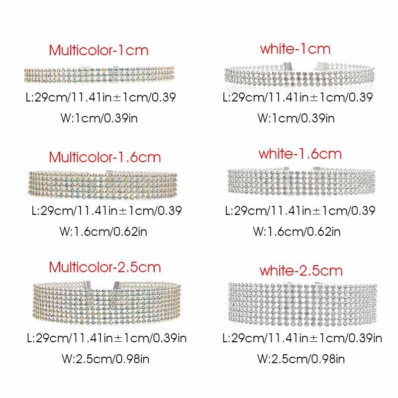 Measurement chart of multicolor and white rhinestone belts with dimensions.