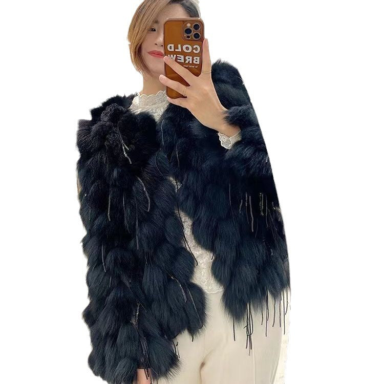 Fox Fur Short Coat with Tassels | Thickening Design for Ultimate Warmth