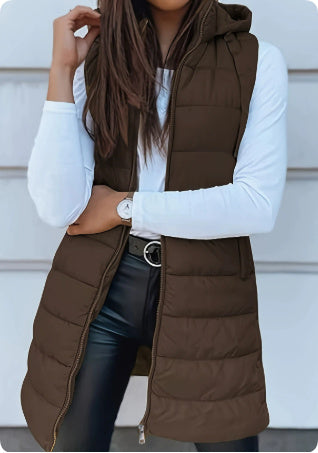 Solid Color Quilted Vest Coat with Hood and Zipper Closure