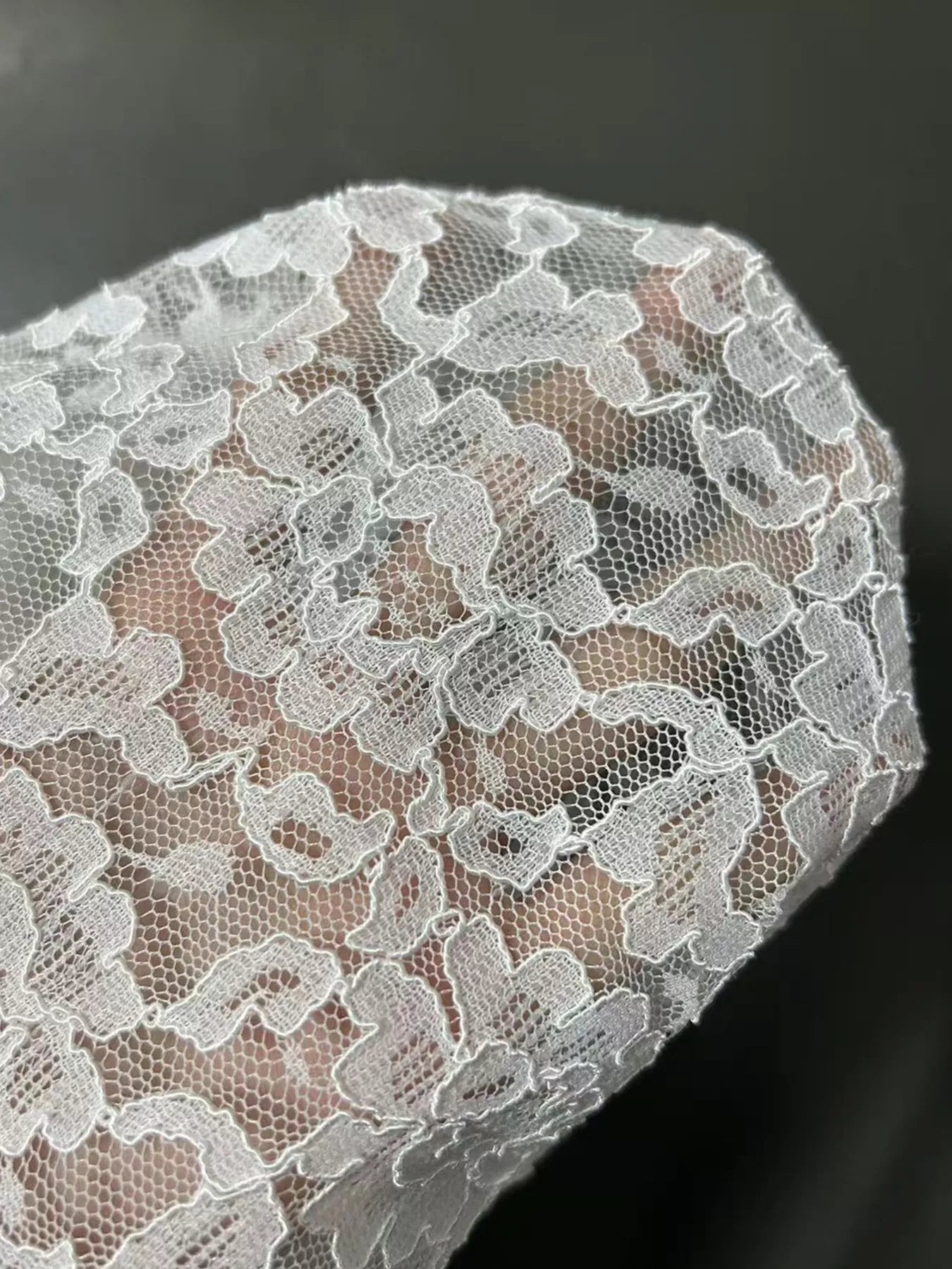 Close-up of white lace fabric on a black background