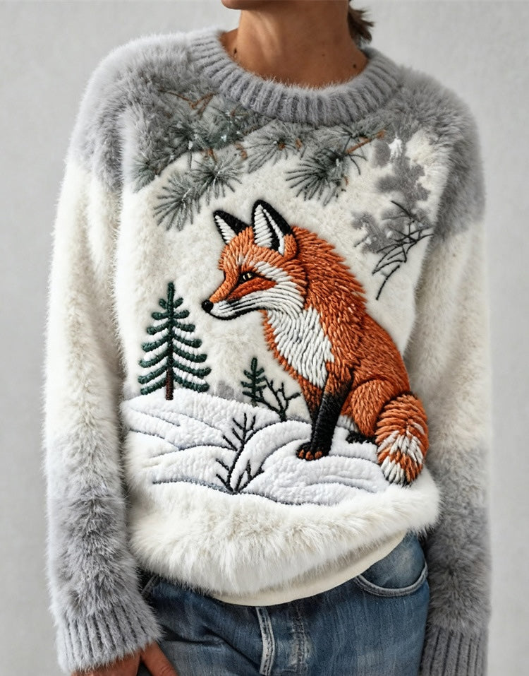 Sweater with fox and forest design on a plain background