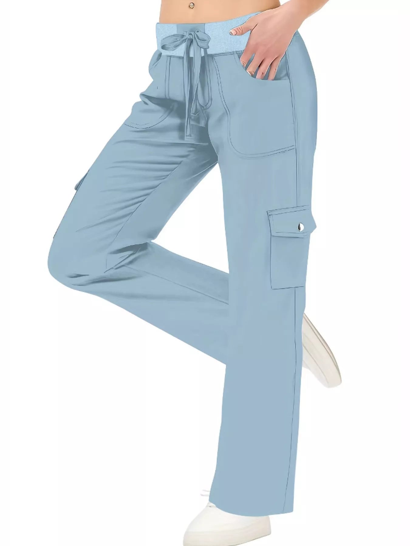 Light blue cargo pants worn by a person on a white background