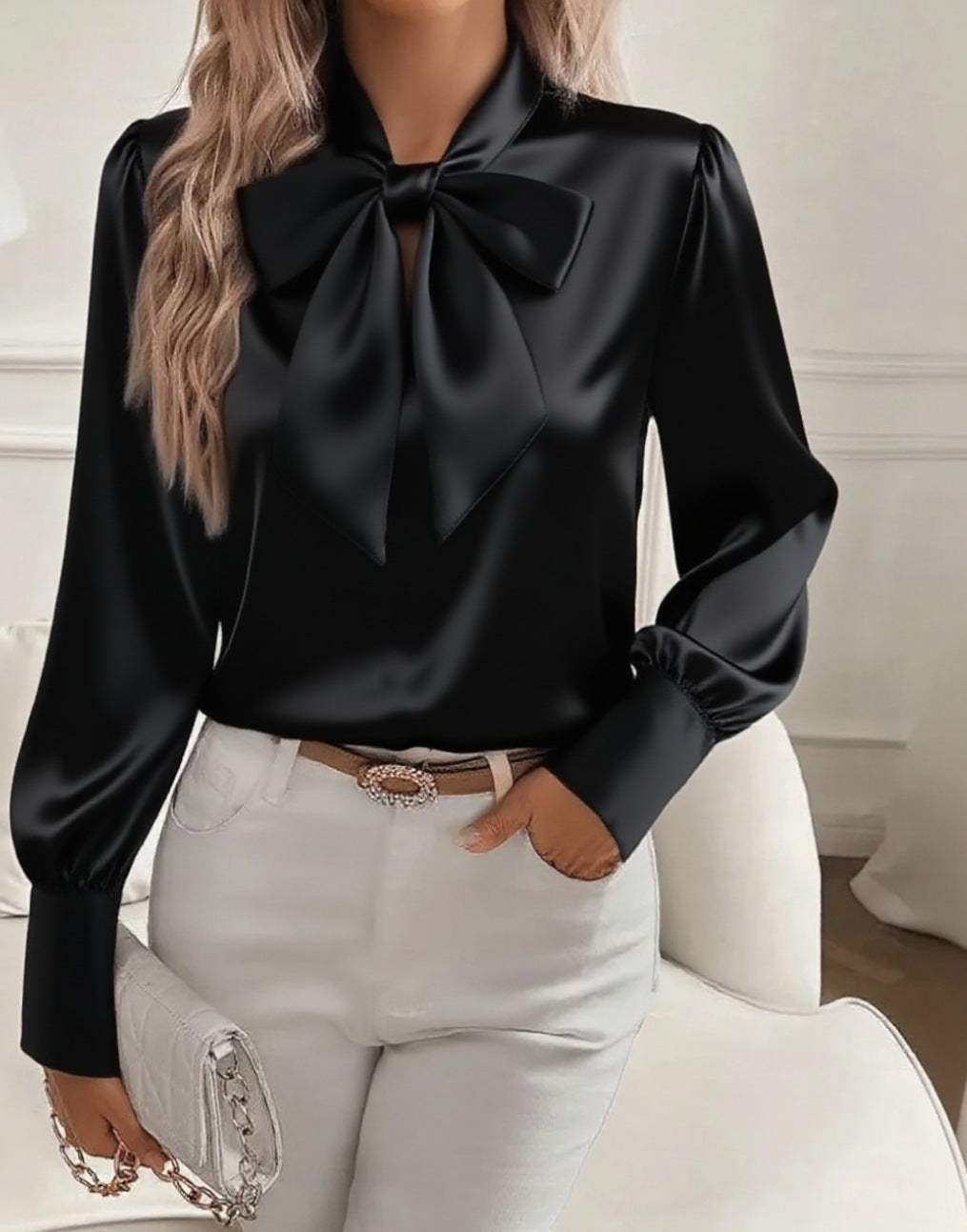 Person wearing a black satin blouse with a large bow tie and light gray pants.