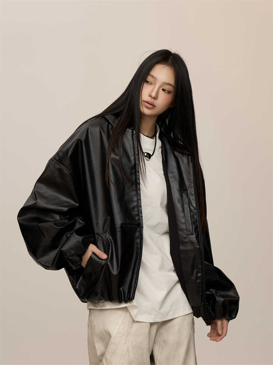 Women's Leather Hooded Coat in Black