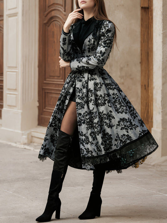 Black Floral Coat Dress - Luxurious Evening Wear for Timeless Elegance