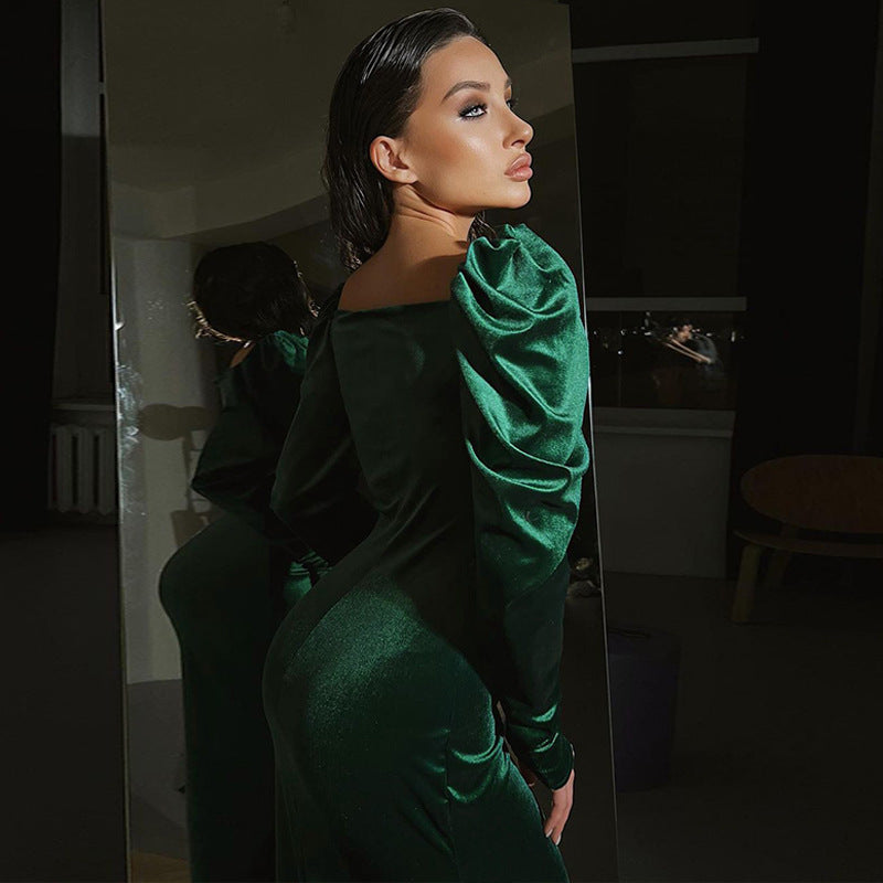 Women's Pleated Long-Sleeved Dress with Slim Fit and Slit