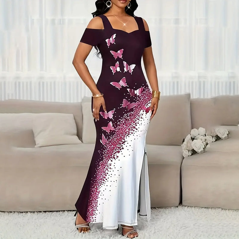 Off-Shoulder Maxi Dress - Print Bodycon Party Gown