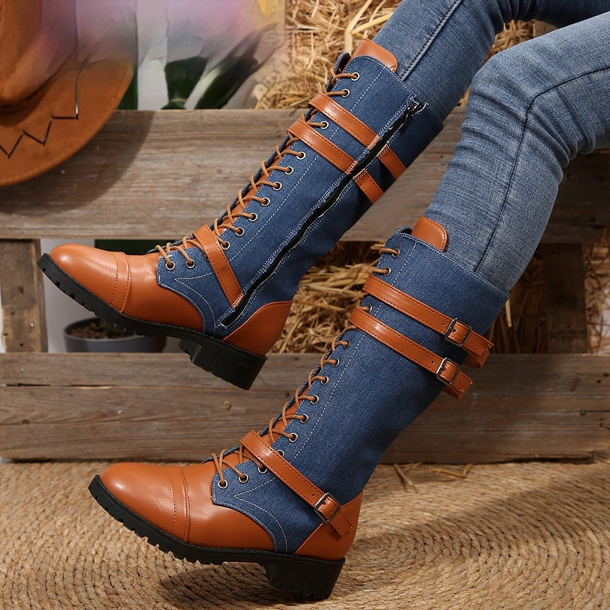Heel Boots with Rivet Belt Buckle for Stylish Comfort