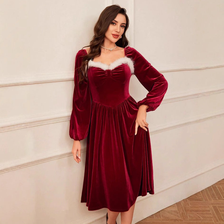 Christmas Red Velvet Dress for Party - Long Sleeve Elegance