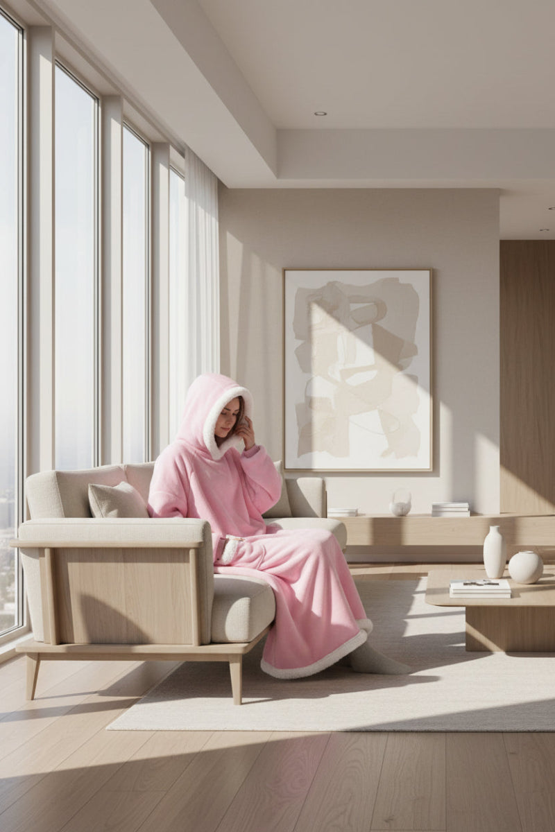 Pink robe with white trim worn by a model sitting in sofa