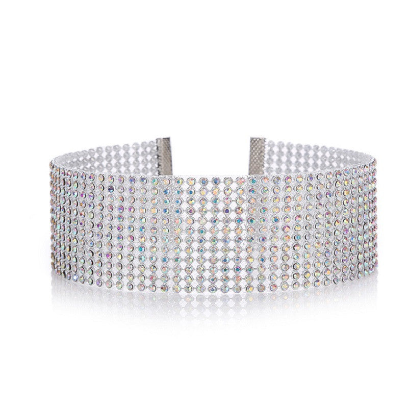 Silver choker necklace with multicolored gemstones on a white background