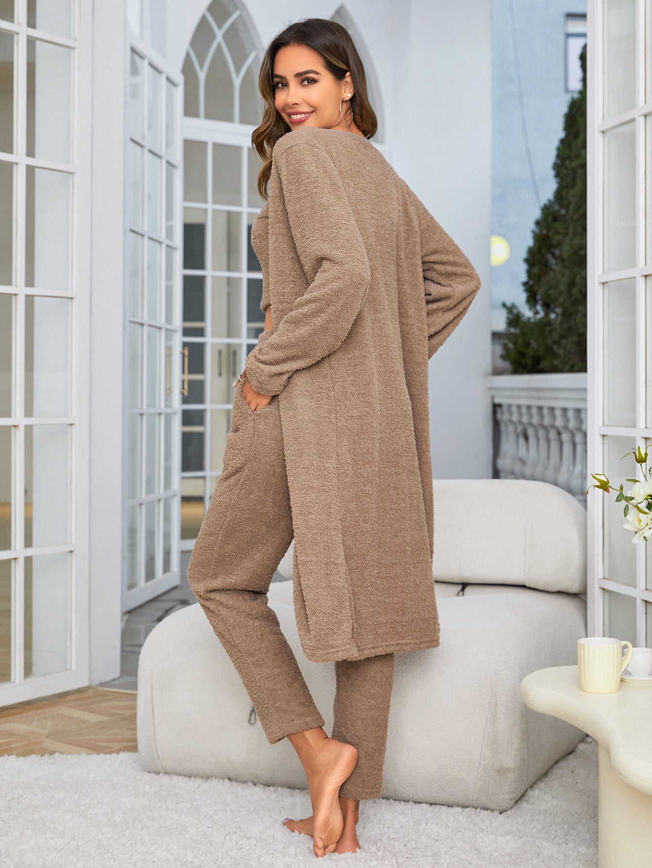 Fuzzy Lounge Sweatsuit Set - 3 Piece Cardigan Pants Lounge Sets
