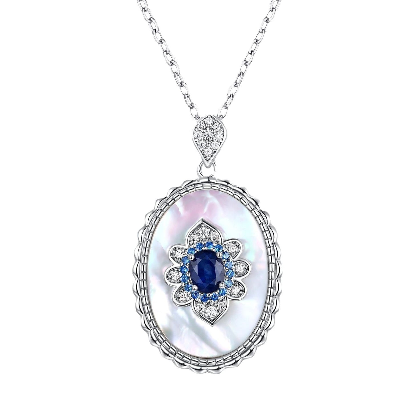 Elegant necklace with a pendant featuring a blue gemstone and white stones on a white background