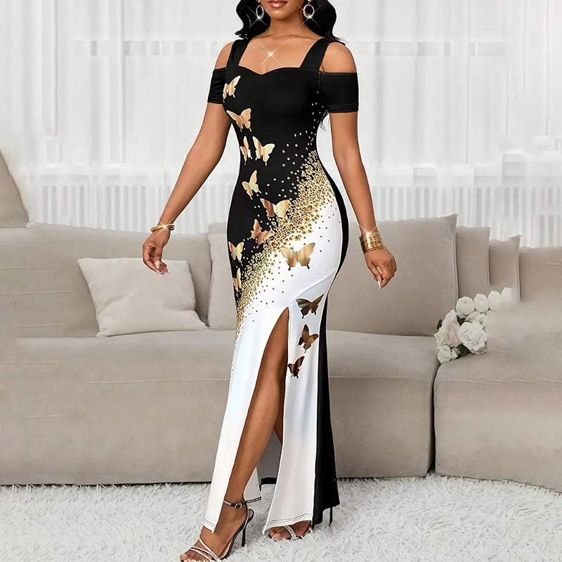 Off-Shoulder Maxi Dress - Print Bodycon Party Gown