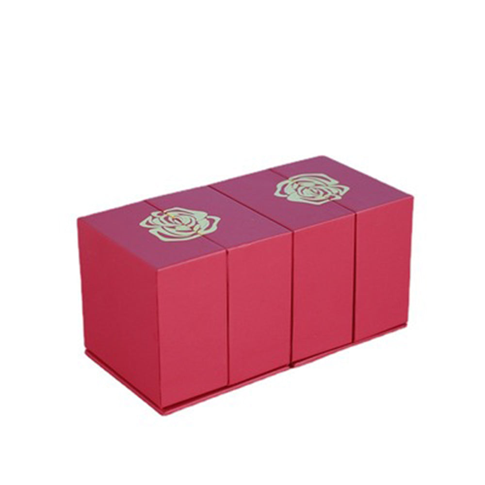 Red box with gold floral design on a white background