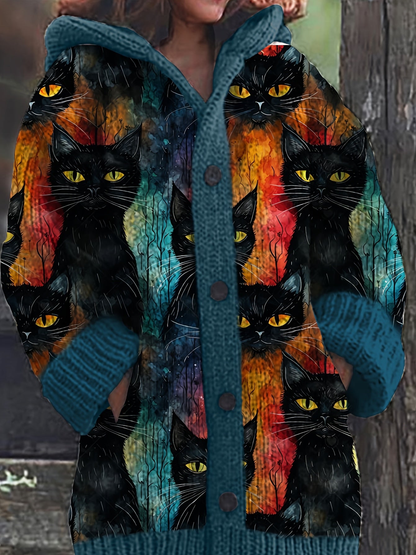 Hooded Cardigan Sweater - Loose Fit Button-Front Cardigan with Hat