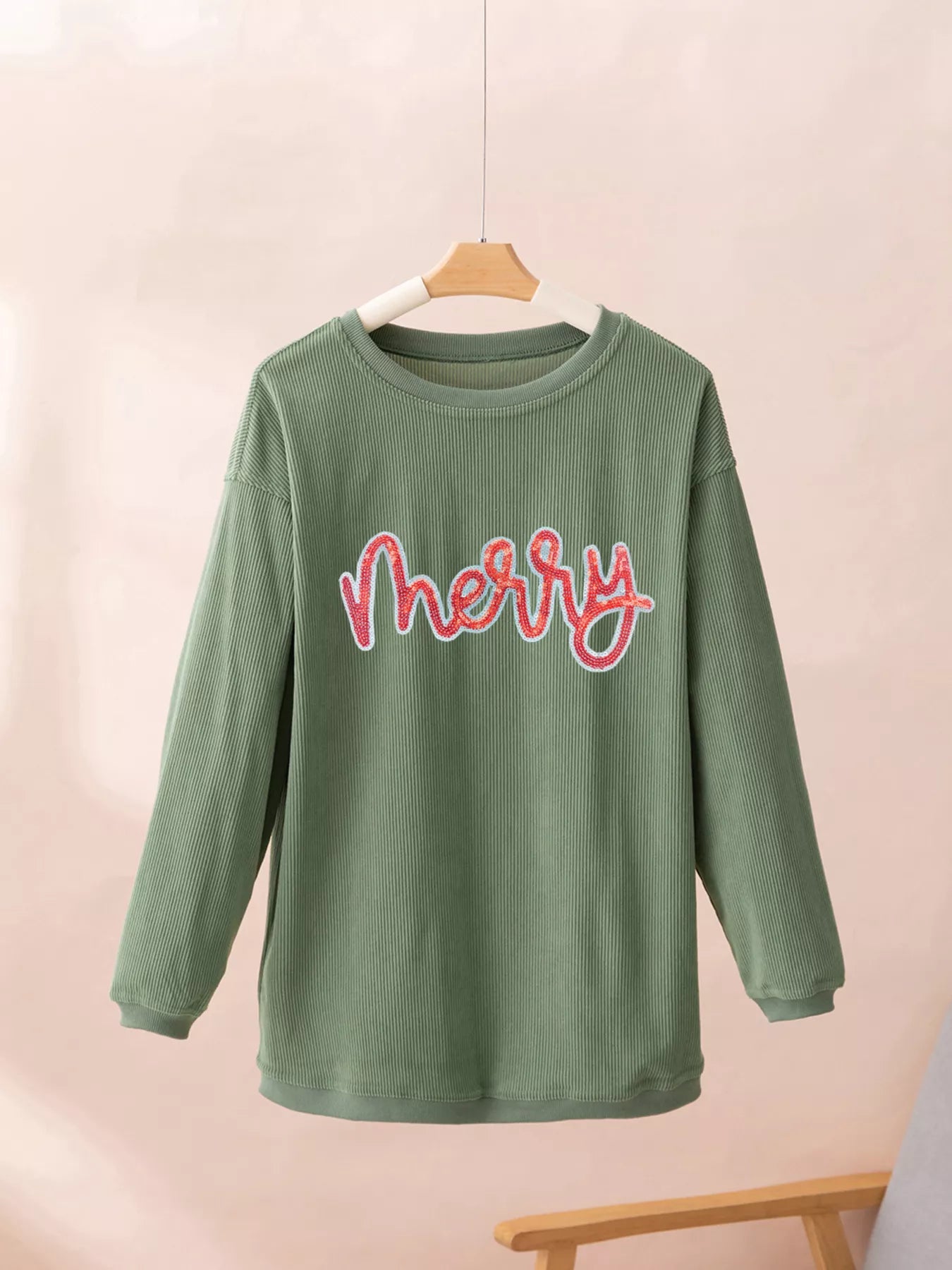 Merry Christmas Sequined Twisted Ribbed Sweatshirt - SUBSTYEL