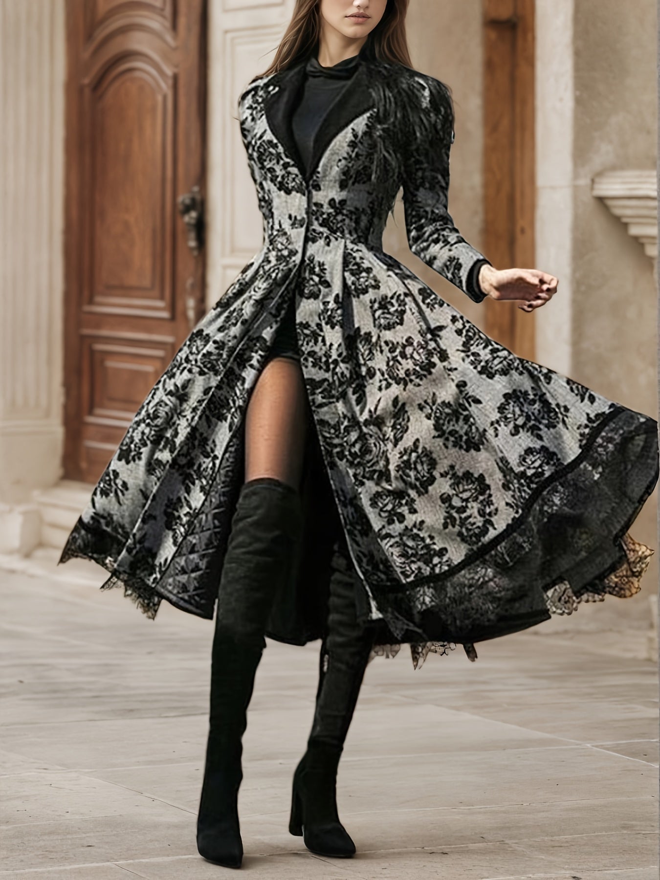Black Floral Coat Dress | Luxury Evening Style