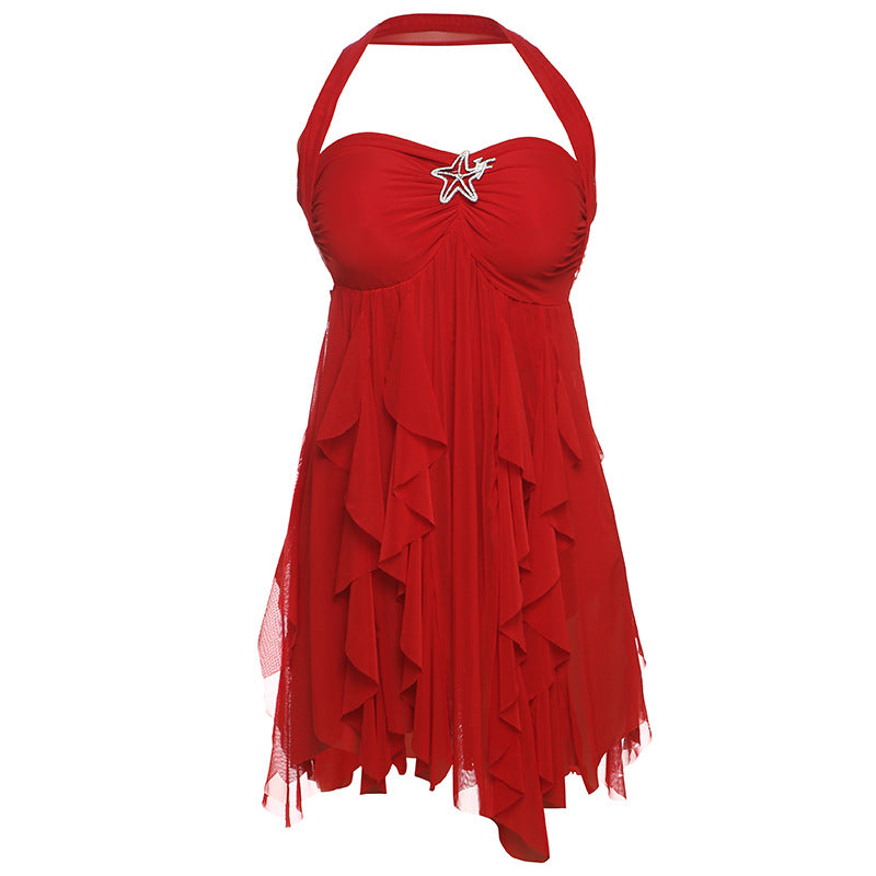 Red halter-neck dress with ruffled layers on a white background