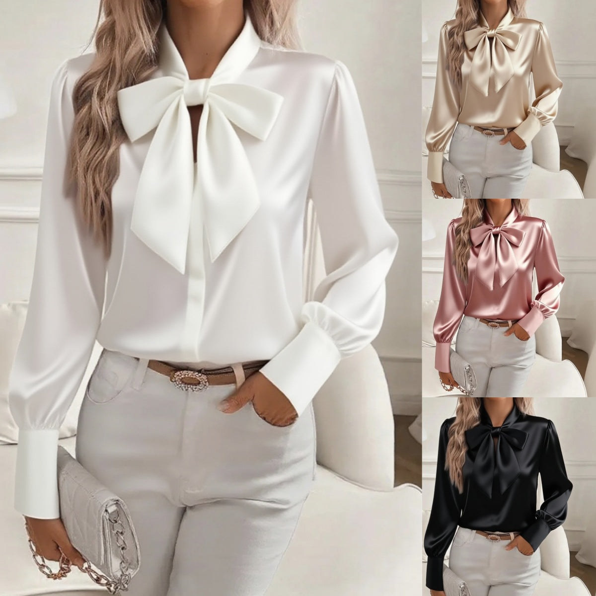 White blouse with a large bow worn by a model, shown in different color options.