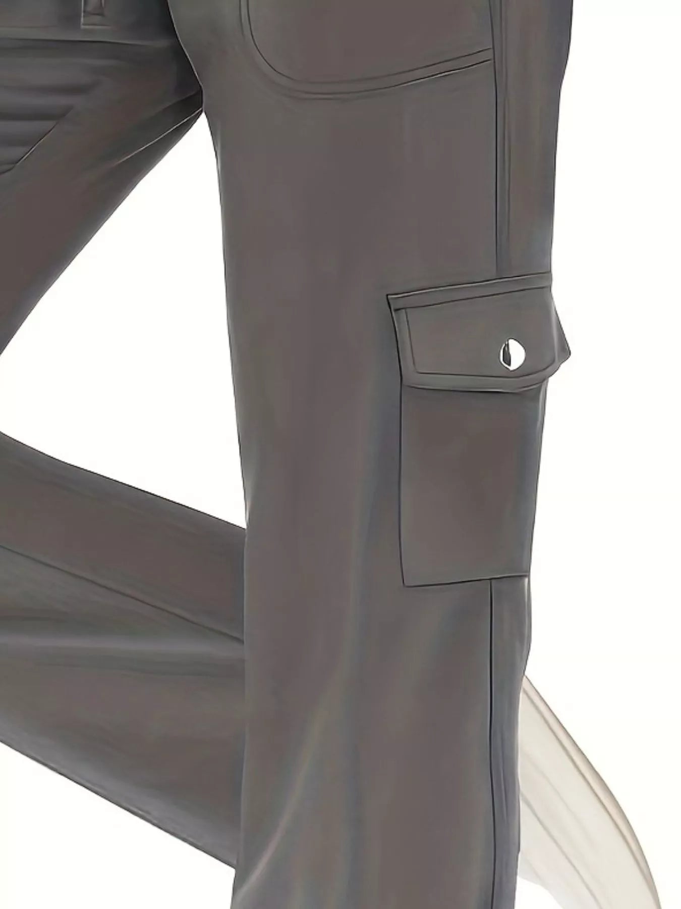 Close-up of gray pants with a pocket on a white background