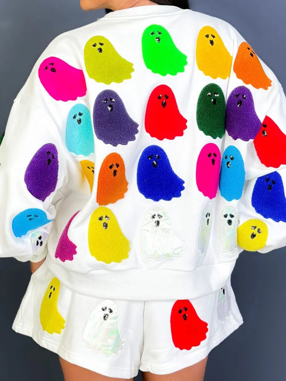 Ghost Printed Round Halloween Top and Shorts Set - SUBSTYEL