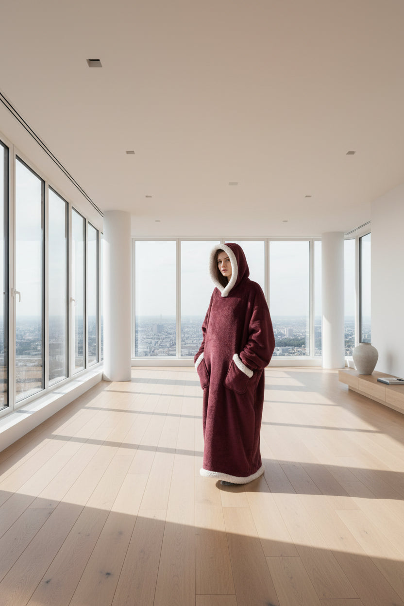 Maroon onesie with white trim worn by a model in room
