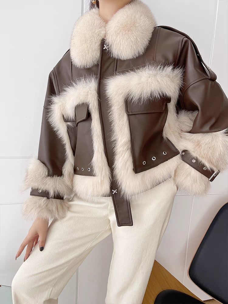 Fox Fur Leather Coat with Elegant Stitching