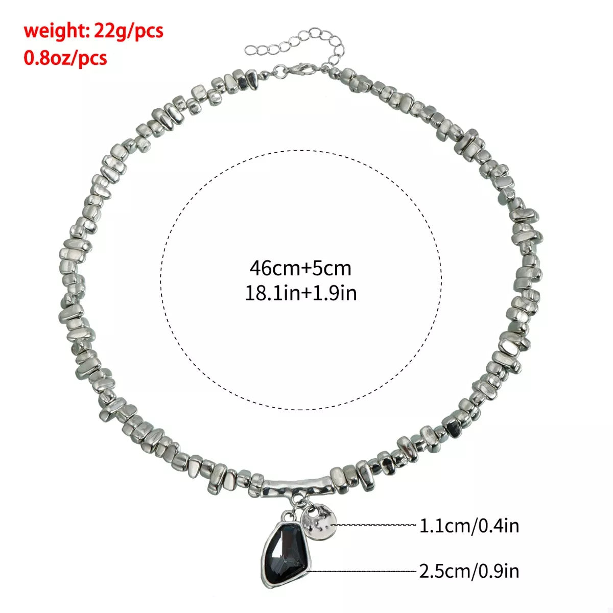 Necklace with measurements on a white background
