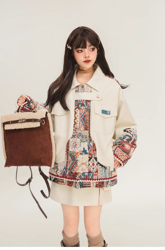 Jacquard Motorcycle Leather Jacket with Splicing Design