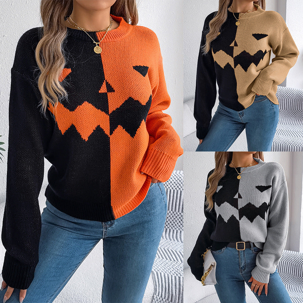 Three different views of a person wearing a black, orange, and gray sweater with pumpkin design.