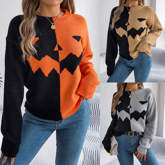 Three different views of a person wearing a black, orange, and gray sweater with pumpkin design.