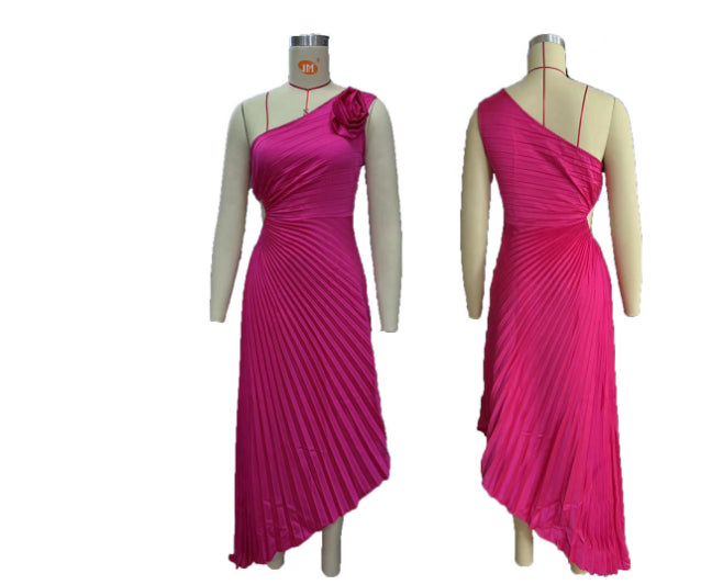Two pink one-shoulder dresses on mannequins against a white background