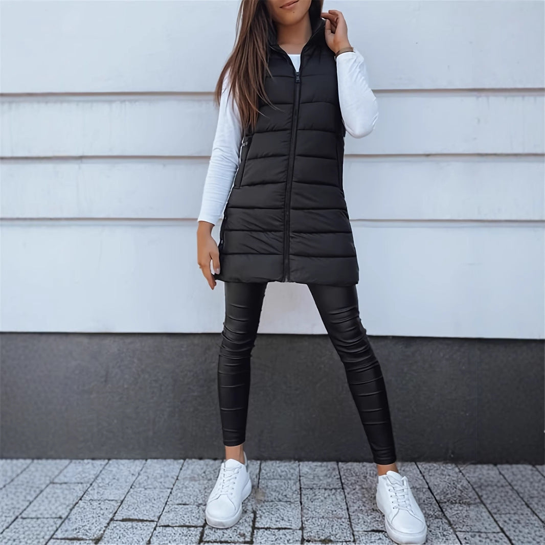Solid Color Quilted Vest Coat with Hood and Zipper Closure