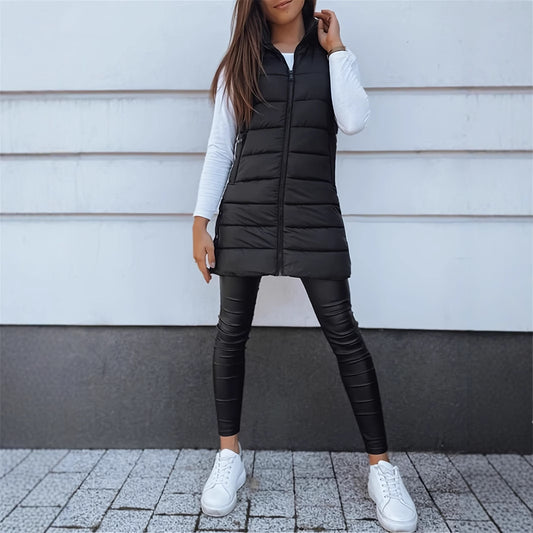 Solid Color Quilted Vest Coat with Hood and Zipper Closure