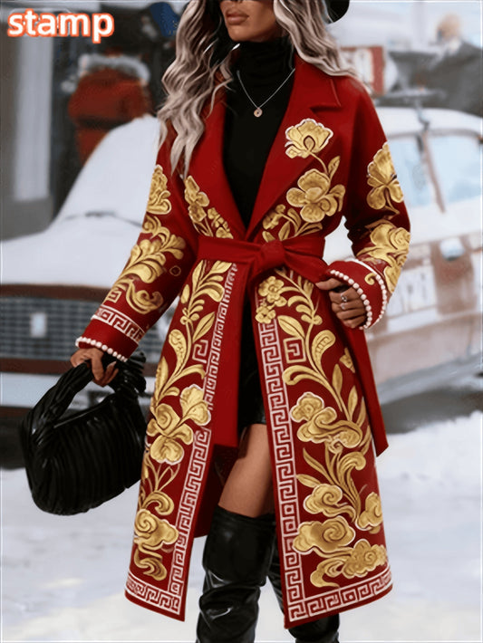 Woman wearing a red coat with gold patterns in an urban setting