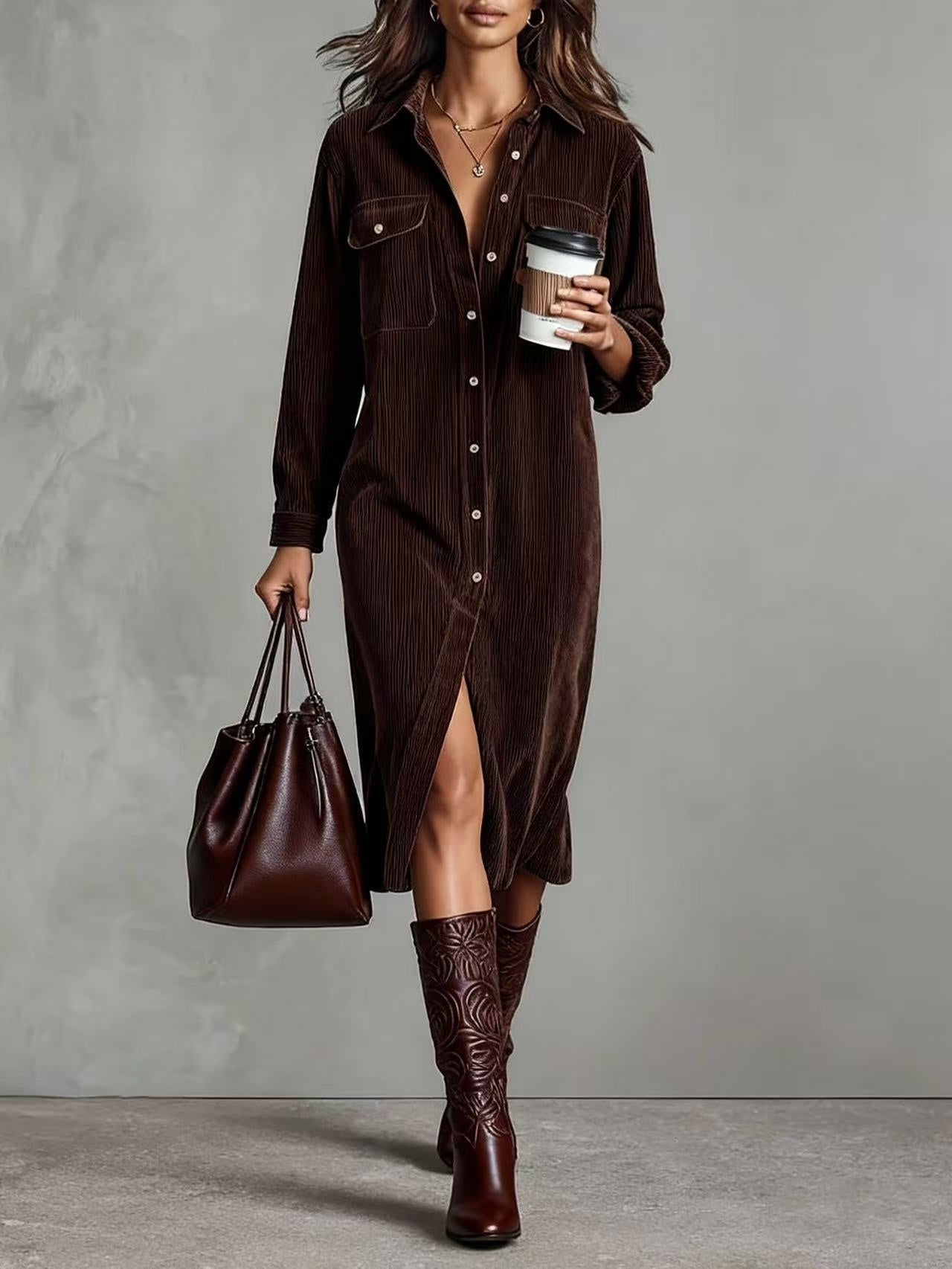 Woman wearing a brown dress and boots, holding a coffee cup and bag.