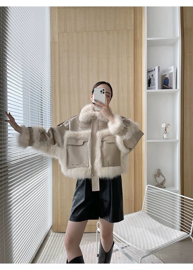 Fox Fur Leather Coat with Elegant Stitching