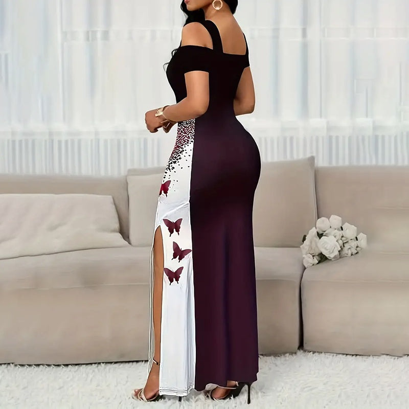 Off-Shoulder Maxi Dress - Print Bodycon Party Gown