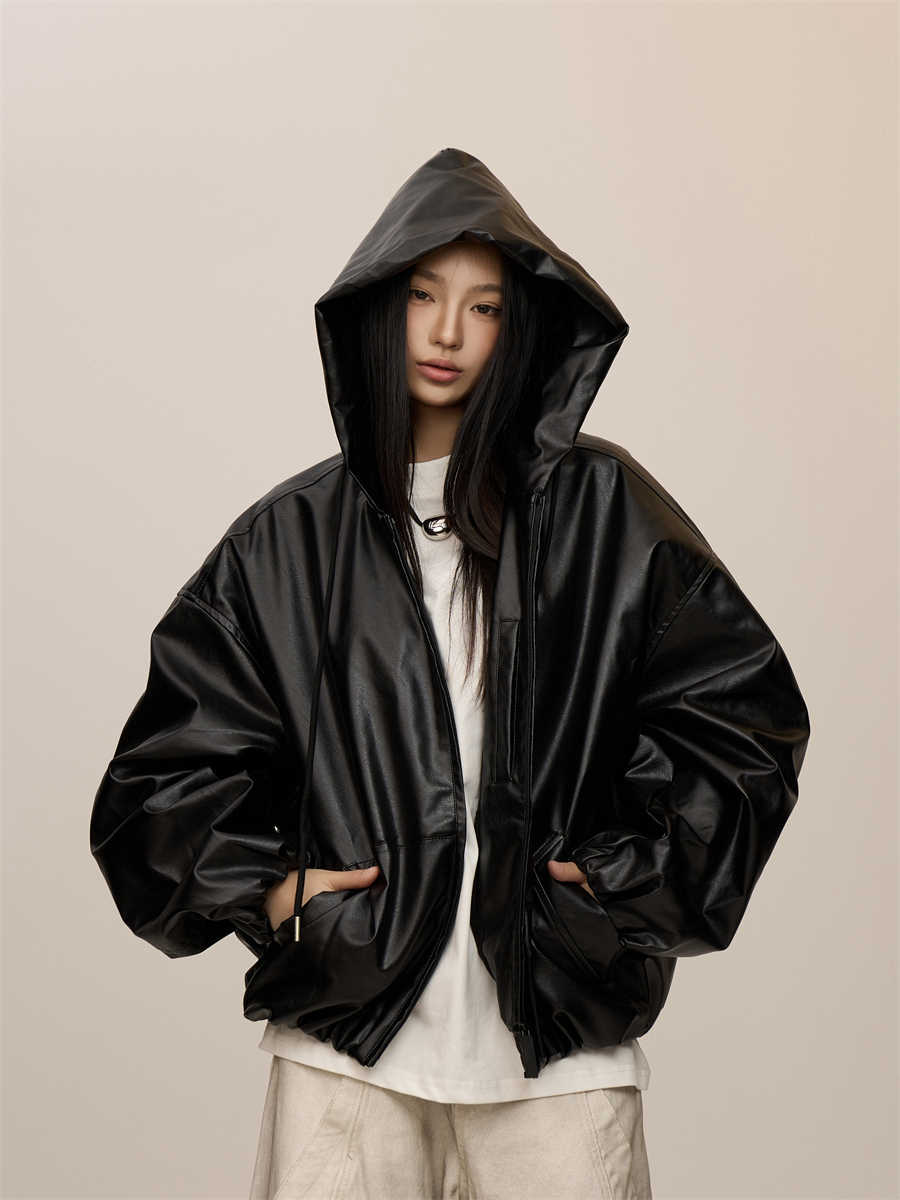 Women's Leather Hooded Coat in Black