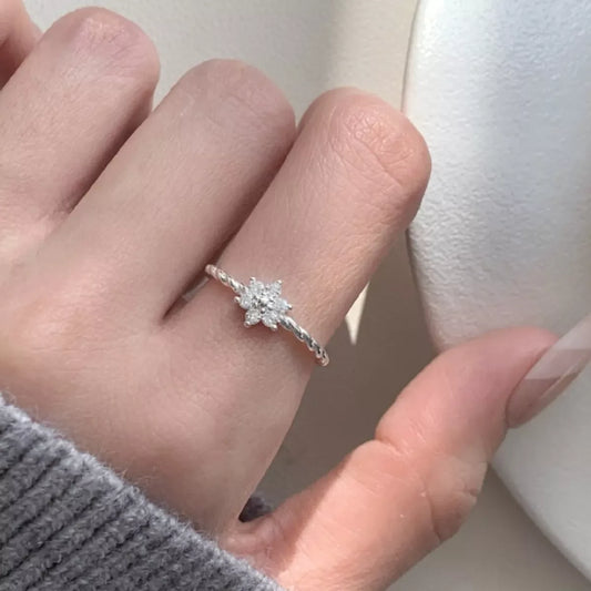 925 Sterling Silver Zircon Flower Open Ring - SUBSTYEL