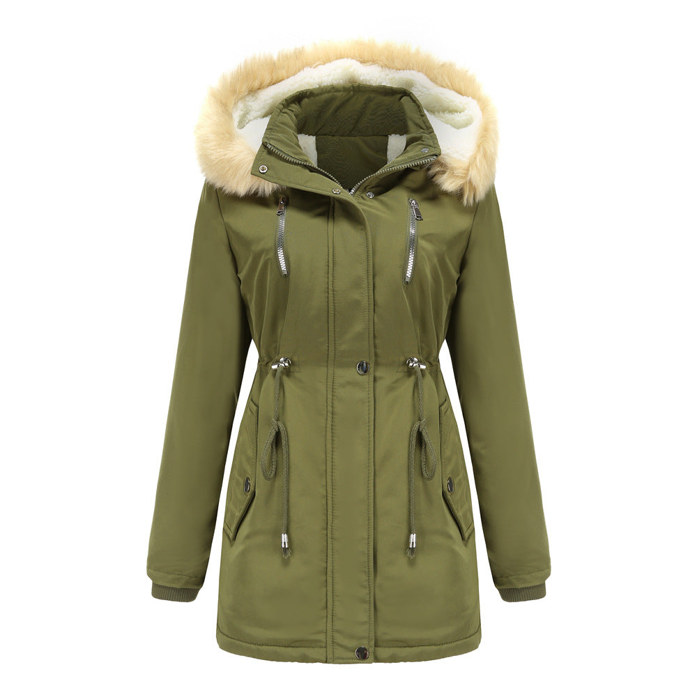 Green parka coat with fur-lined hood on a white background
