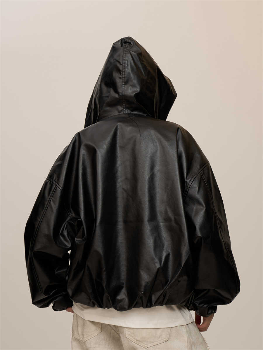 Women's Leather Hooded Coat in Black