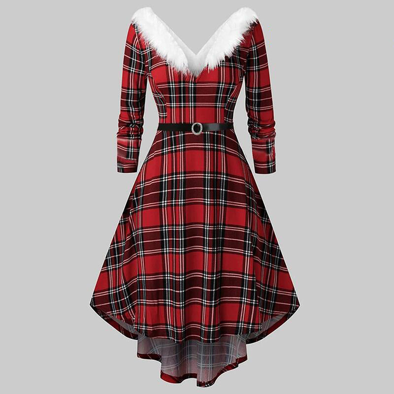 Red plaid dress with white fur collar on a gray background