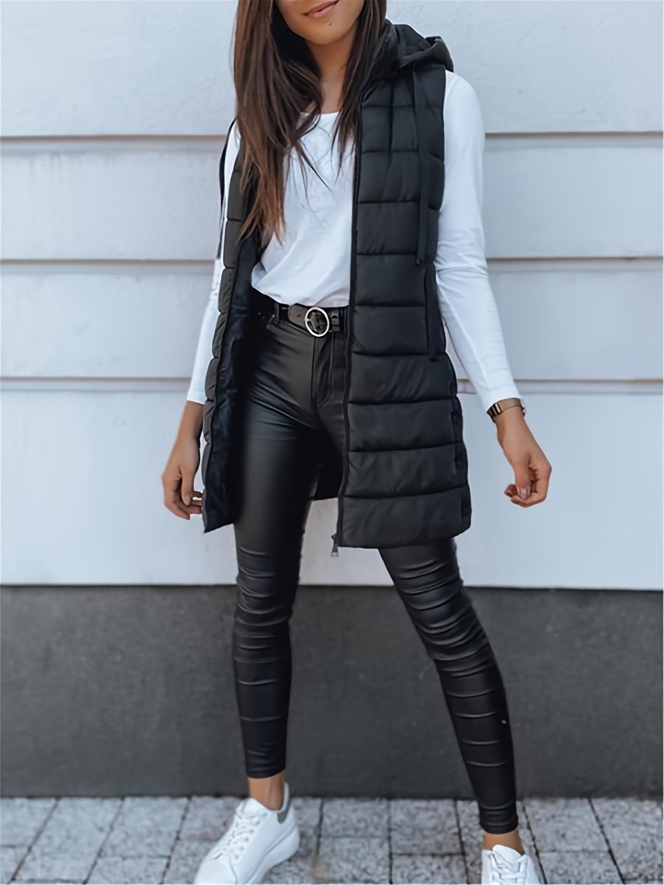Solid Color Quilted Vest Coat with Hood and Zipper Closure