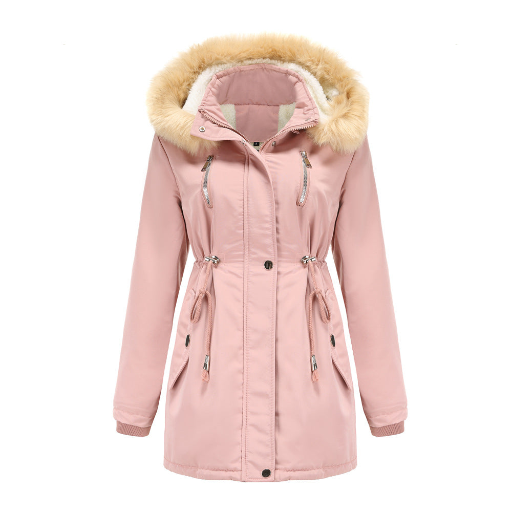 Pink parka coat with fur-lined hood on a white background