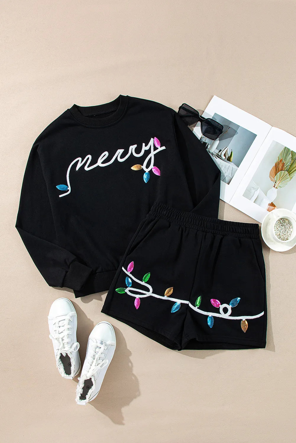 MERRY Sequin Round Neck Long Sleeve Top and Shorts Set - SUBSTYEL