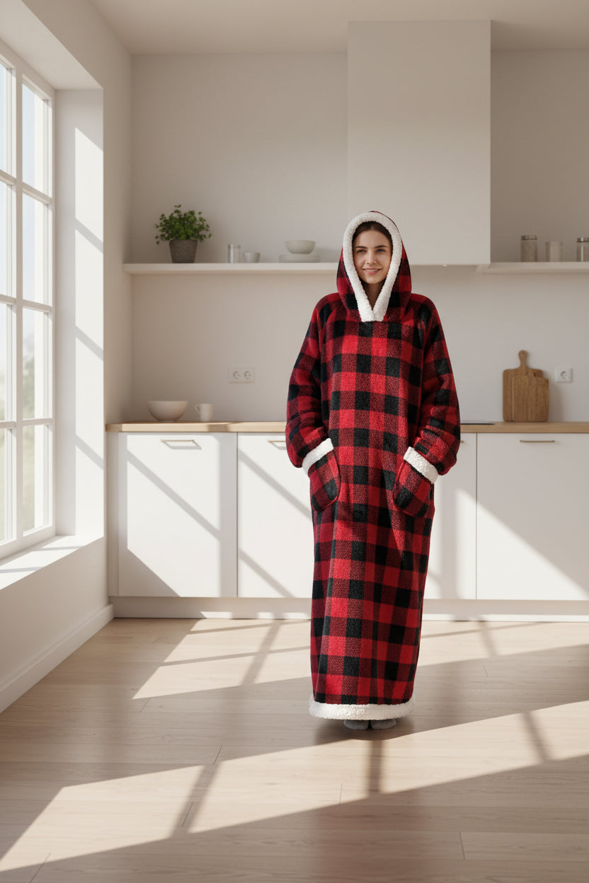 Person wearing a red and black checkered hoodie with white lining standing in kitchen