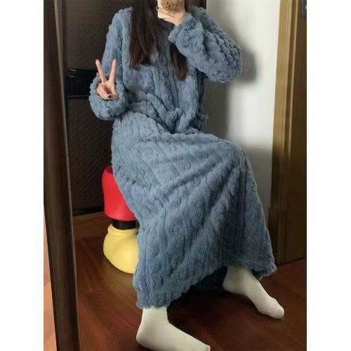 Winter Coral Fleece Dress - Thickened Jacquard Sleepwear for Maximum Comfort