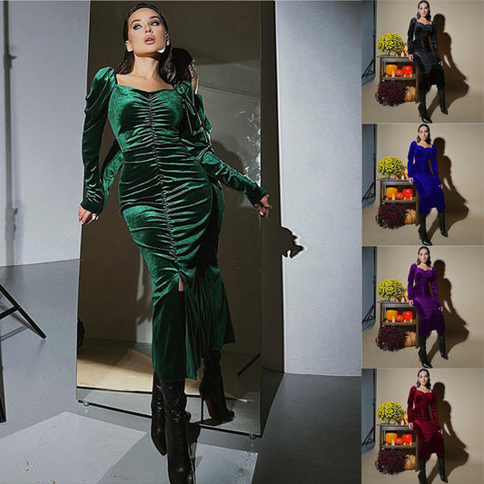 Women's Pleated Long-Sleeved Dress with Slim Fit and Slit